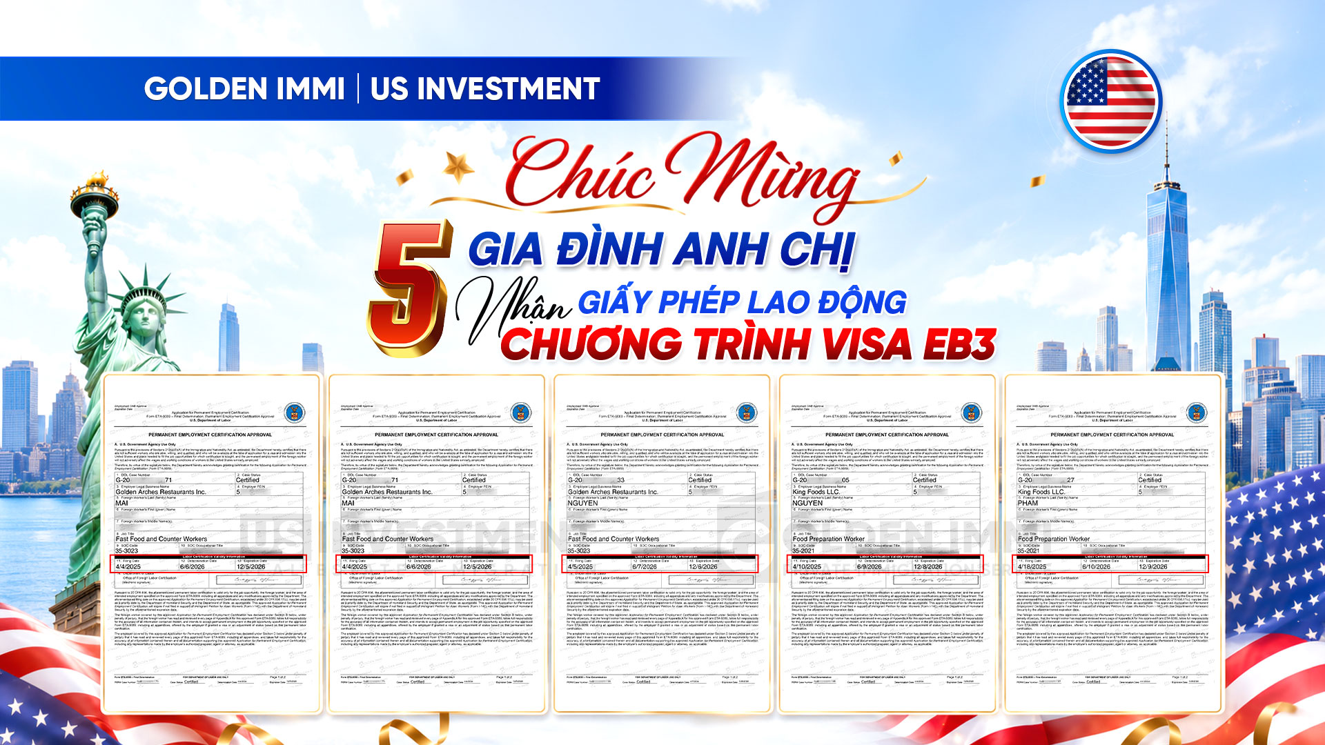 CHÚC MỪNG 5 GIA ĐÌNH NHÀ ĐẦU TƯ CHÍNH THỨC NHẬN GIẤY PHÉP LAO ĐỘNG (LC) – ĐỊNH CƯ MỸ DIỆN EB-3
